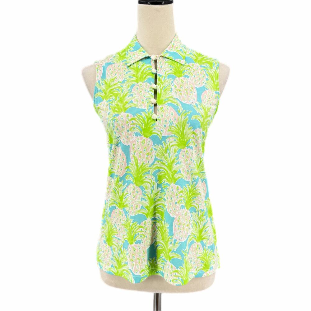 Ralph Lauren Polo Golf Green Tropical Pineapple Sleeveless High Neck Tank Top
